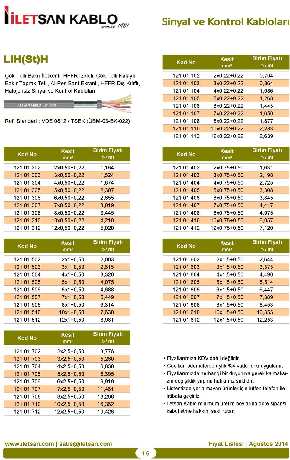 Standart : VDE 0812 / TSEK (ÜBM-03-BK-022) 121 01 108 8x0,22+0,22 1,877 121 01 110 10x0,22+0,22 2,283 121 01 112 12x0,22+0,22 2,639 121 01 302 2x0,50+0,22 1,164 121 01 402 2x0,75+0,50 1,631 121 01