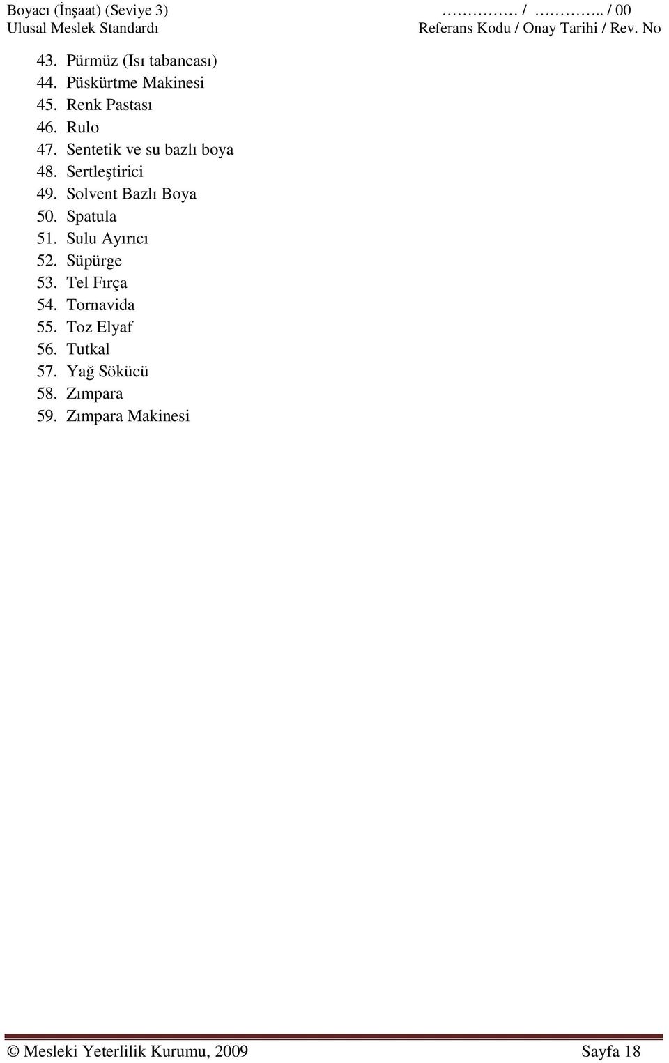 Solvent Bazlı Boya 50. Spatula 51. Sulu Ayırıcı 52. Süpürge 53. Tel Fırça 54. Tornavida 55.