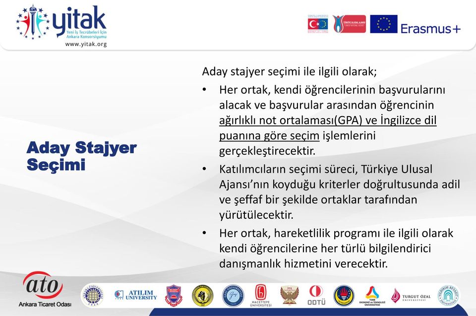 Katılımcıların seçimi süreci, Türkiye Ulusal Ajansı nın koyduğu kriterler doğrultusunda adil ve şeffaf bir şekilde ortaklar