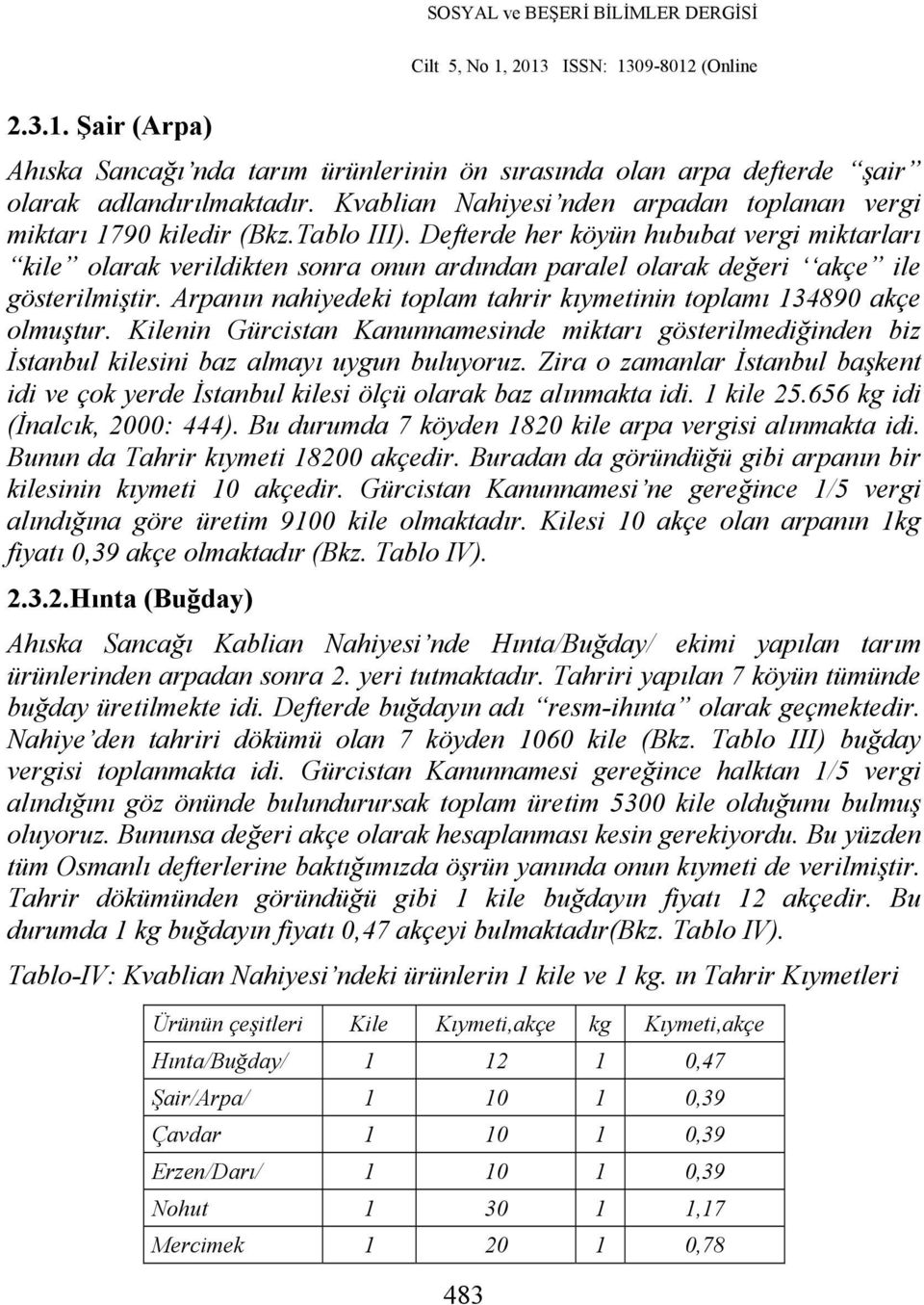Arpanın nahiyedeki toplam tahrir kıymetinin toplamı 134890 akçe olmuştur. Kilenin Gürcistan Kanunnamesinde miktarı gösterilmediğinden biz İstanbul kilesini baz almayı uygun buluyoruz.