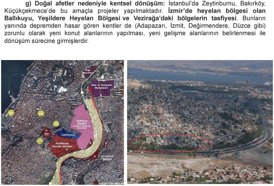 İzmir de heyelan bölgesi olan Ballıkuyu, Yeşildere Heyelan Bölgesi ve Vezirağa daki bölgelerin tasfiyesi.