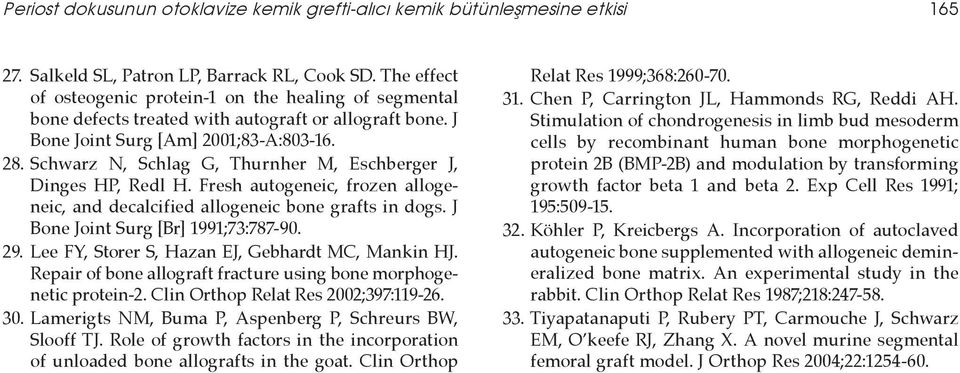 Schwarz N, Schlag G, Thurnher M, Eschberger J, Dinges HP, Redl H. Fresh autogeneic, frozen allogeneic, and decalcified allogeneic bone grafts in dogs. J Bone Joint Surg [Br] 1991;73:787-90. 29.