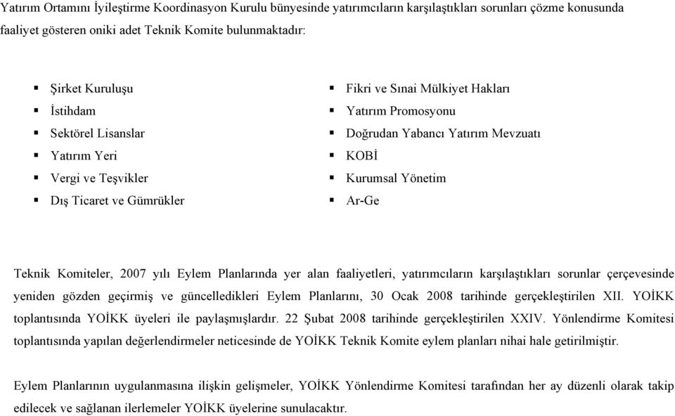 Komiteler, 2007 yılı Eylem Planlarında yer alan faaliyetleri, yatırımcıların karşılaştıkları sorunlar çerçevesinde yeniden gözden geçirmiş ve güncelledikleri Eylem Planlarını, 30 Ocak 2008 tarihinde