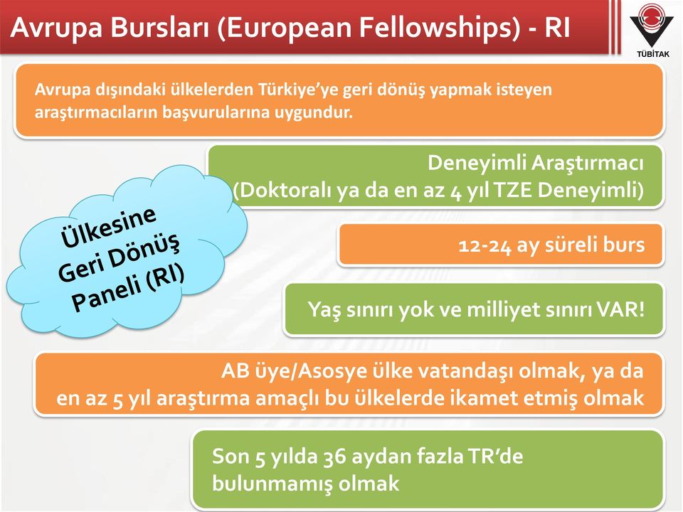 Deneyimli Araştırmacı (Doktoralı ya da en az 4 yıl TZE Deneyimli) 12-24 ay süreli burs Yaş sınırı yok ve