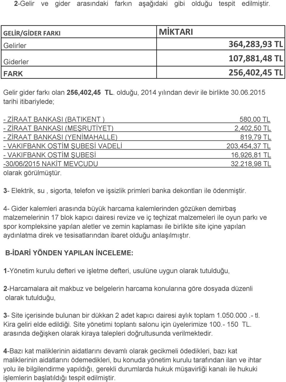 2015 tarihi itibariylede; - ZİRAAT BANKASI (BATIKENT ) 580,00 TL - ZİRAAT BANKASI (MEŞRUTİYET) 2,402,50 TL - ZİRAAT BANKASI (YENİMAHALLE) 819,79 TL - VAKIFBANK OSTİM ŞUBESİ VADELİ 203,454,37 TL -