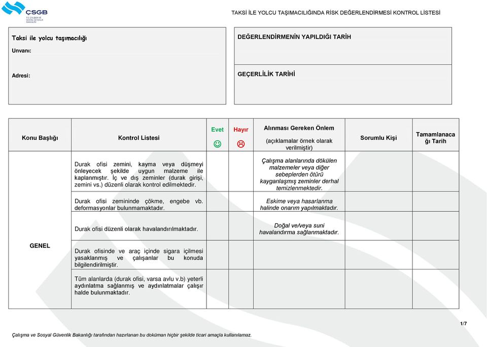 Durak ofisi zemininde çökme, engebe vb. deformasyonlar bulunmamaktadır. Eskime veya hasarlanma halinde onarım yapılmaktadır. Durak ofisi düzenli olarak havalandırılmaktadır.