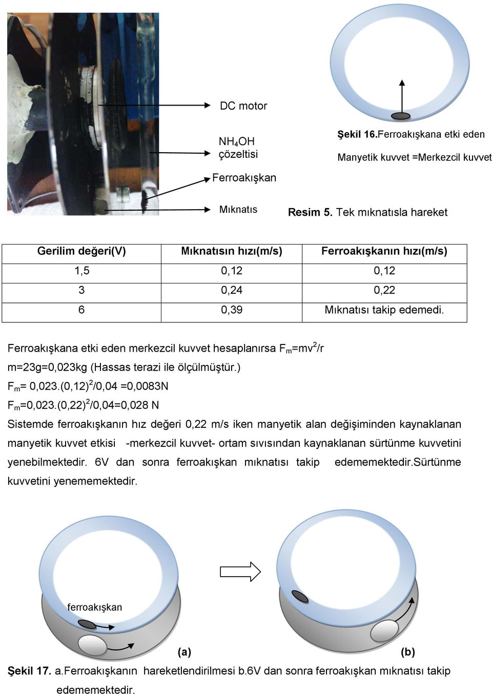 Ferroakışkana etki eden merkezcil kuvvet hesaplanırsa F m =mv 2 /r m=23g=0,023kg (Hassas terazi ile ölçülmüştür.) F m = 0,023.(0,12) 2 /0,04 =0,0083N F m =0,023.