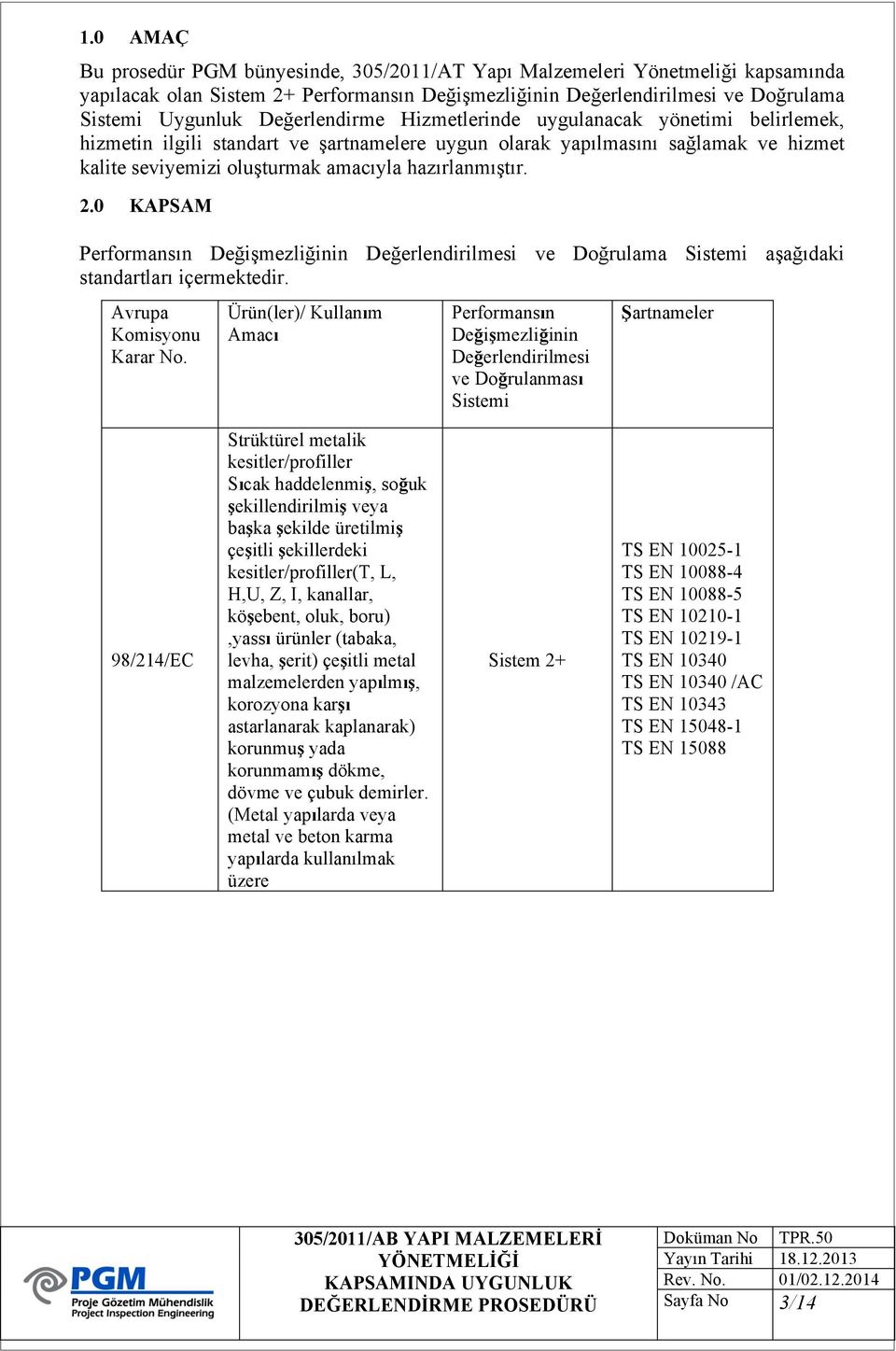 0 KAPSAM Perfrmansın Değişmezliğinin Değerlendirilmesi ve Dğrulama Sistemi aşağıdaki standartları içermektedir. Avrupa Kmisynu Karar N.