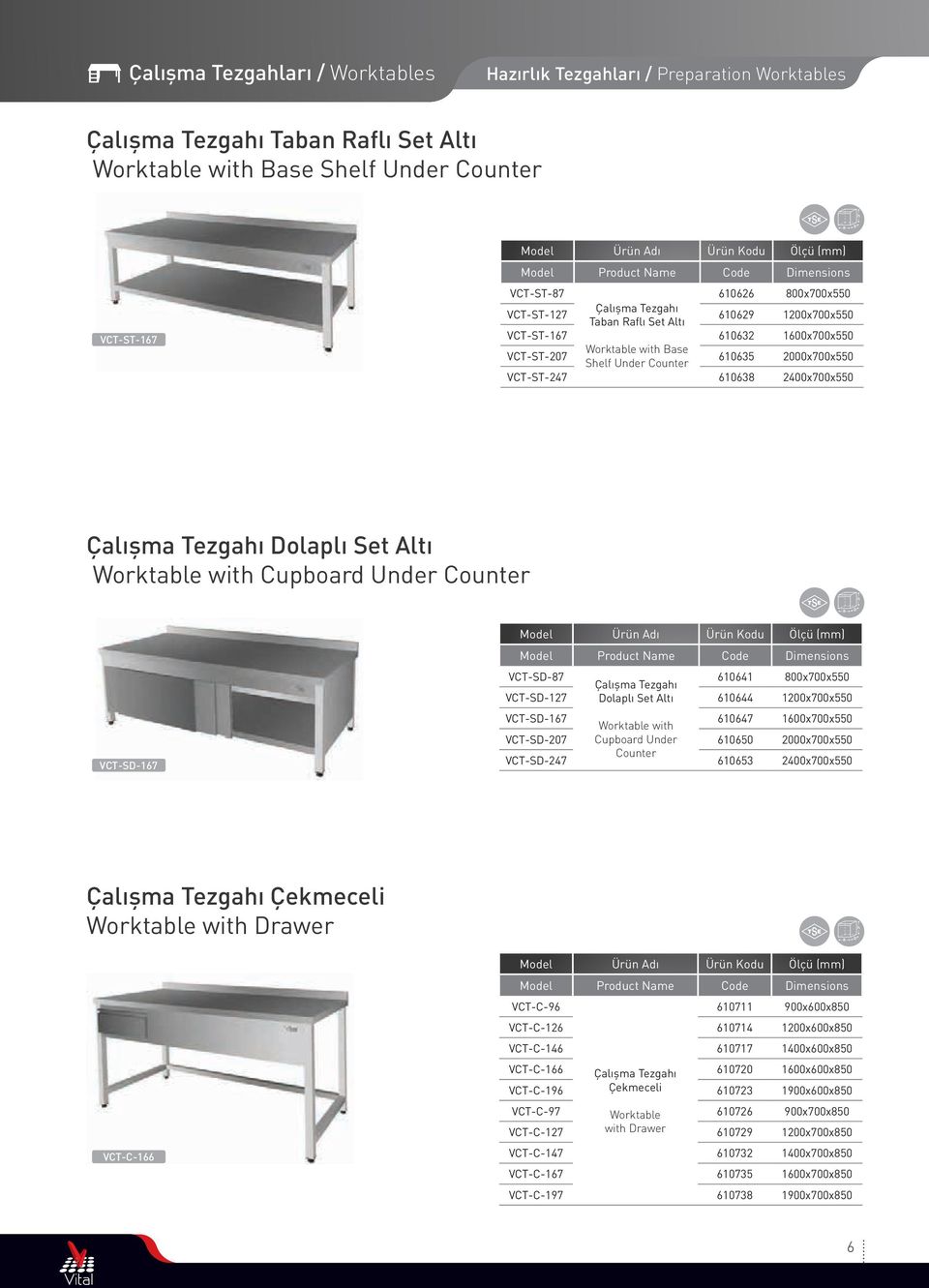 2400x700x550 Çalışma Tezgahı Dolaplı Set Altı Worktable with Cupboard Under Counter VCT-SD-167 VCT-SD-87 Çalışma Tezgahı 610641 800x700x550 VCT-SD-127 Dolaplı Set Altı 610644 1200x700x550 VCT-SD-167