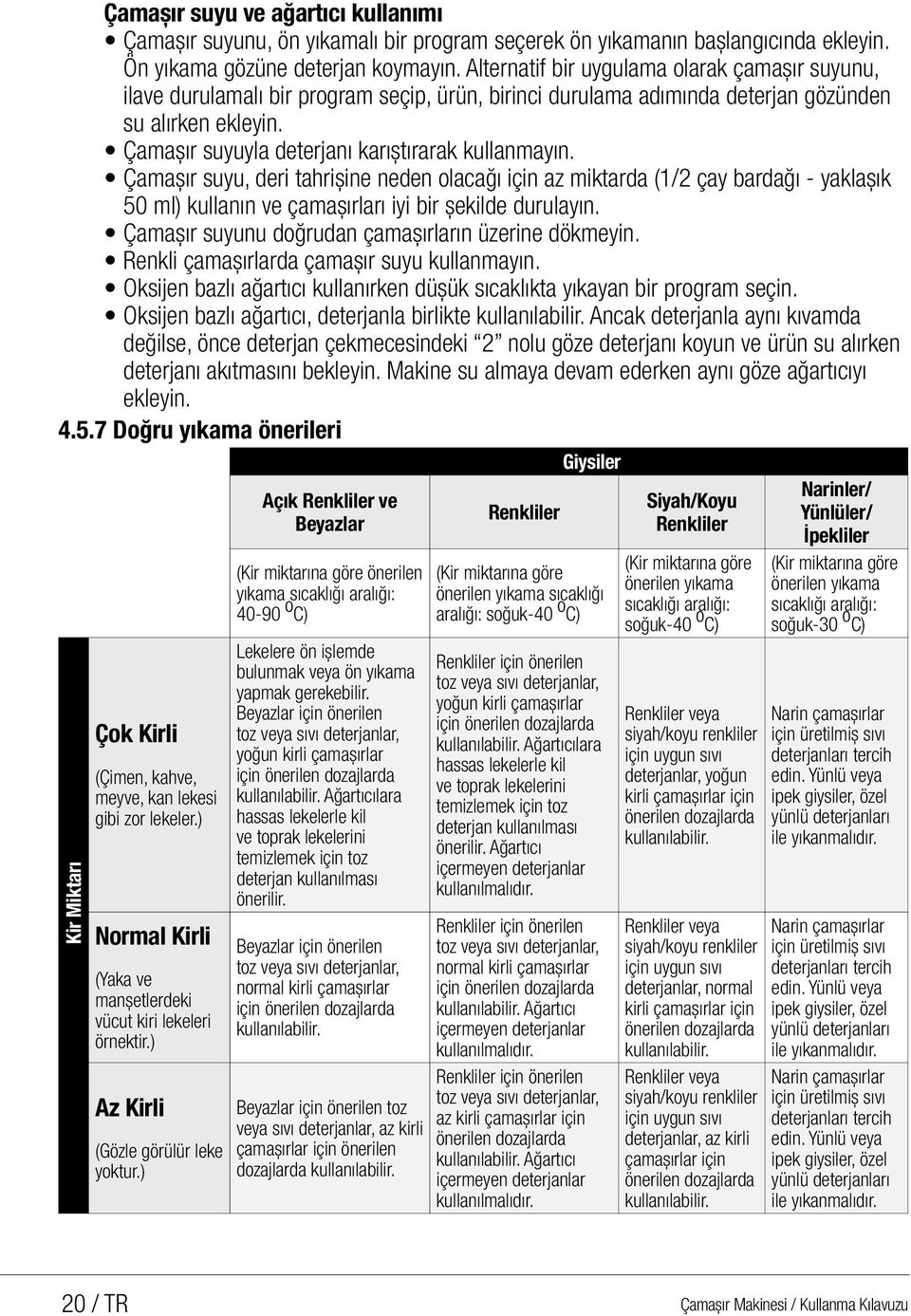 Çamaşır suyuyla deterjanı karıştırarak kullanmayın. Çamaşır suyu, deri tahrişine neden olacağı için az miktarda (1/2 çay bardağı - yaklaşık 50 ml) kullanın ve çamaşırları iyi bir şekilde durulayın.