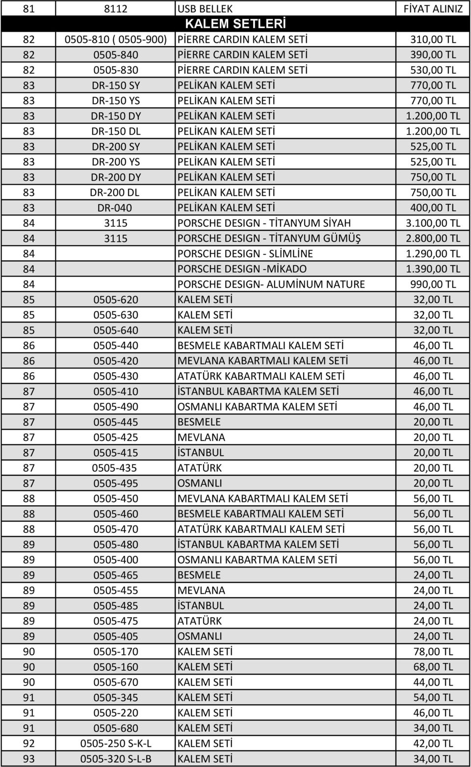 200,00 TL 83 DR-200 SY PELİKAN KALEM SETİ 525,00 TL 83 DR-200 YS PELİKAN KALEM SETİ 525,00 TL 83 DR-200 DY PELİKAN KALEM SETİ 750,00 TL 83 DR-200 DL PELİKAN KALEM SETİ 750,00 TL 83 DR-040 PELİKAN