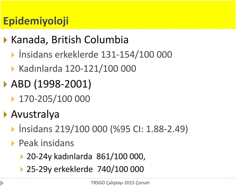 205/100 000 Avustralya İnsidans 219/100 000 (%95 CI: 1.88 2.