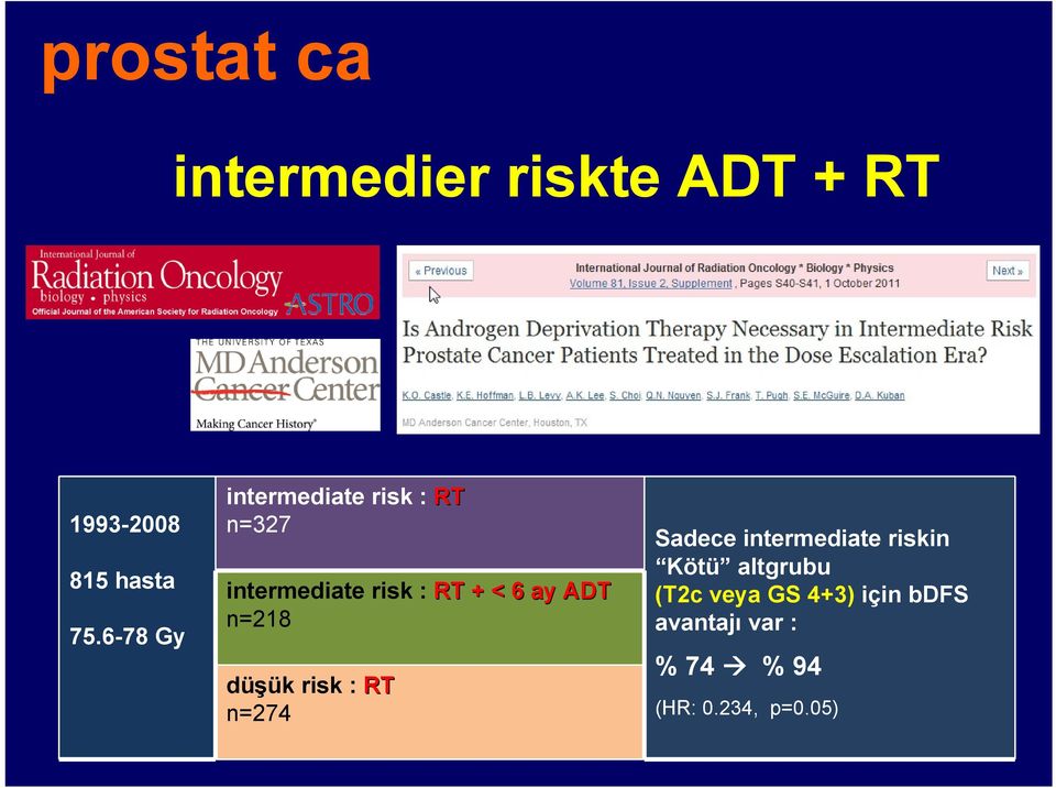 ay ADT n=218 düşük risk : RT n=274 Sadece intermediate riskin Kötü