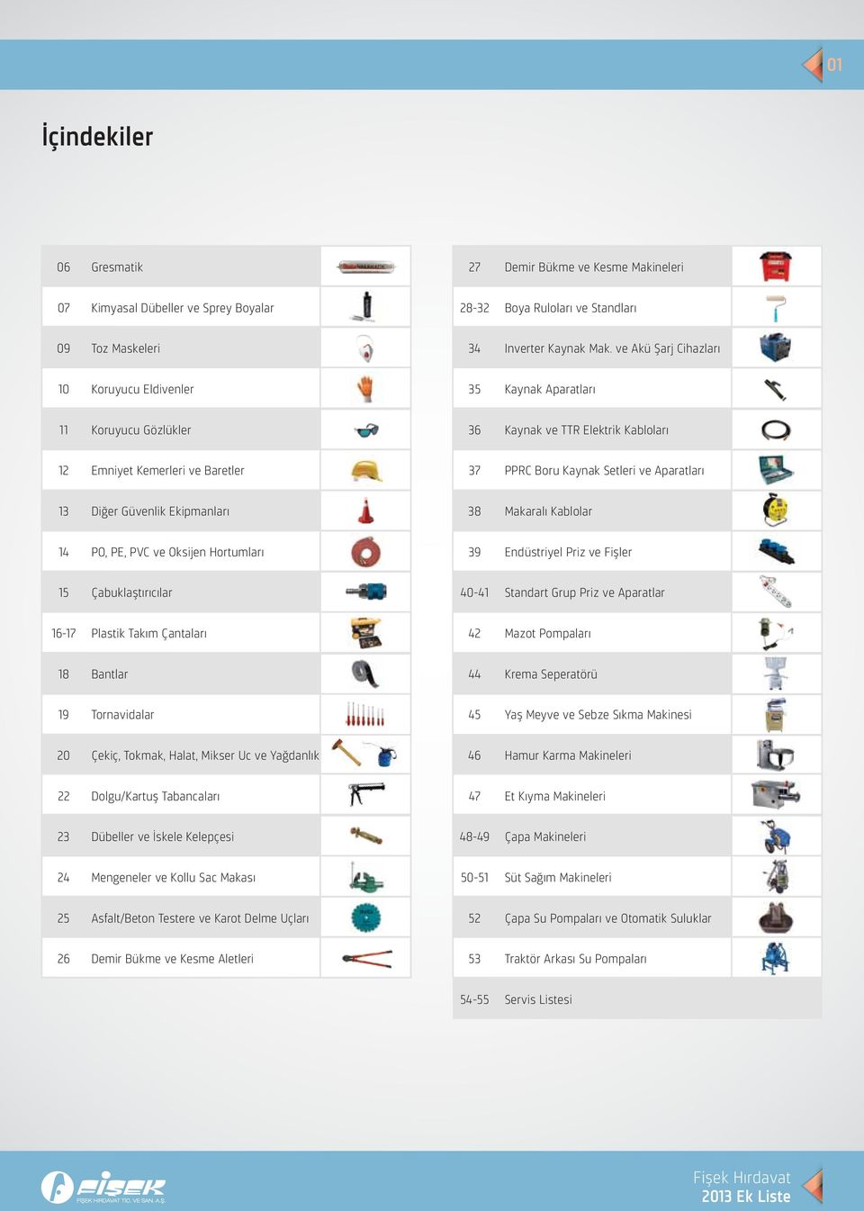 13 Diğer Güvenlik Ekipmanları 38 Makaralı Kablolar 14 PO, PE, PVC ve Oksijen Hortumları 39 Endüstriyel Priz ve Fişler 15 Çabuklaştırıcılar 40-41 Standart Grup Priz ve Aparatlar 16-17 Plastik Takım