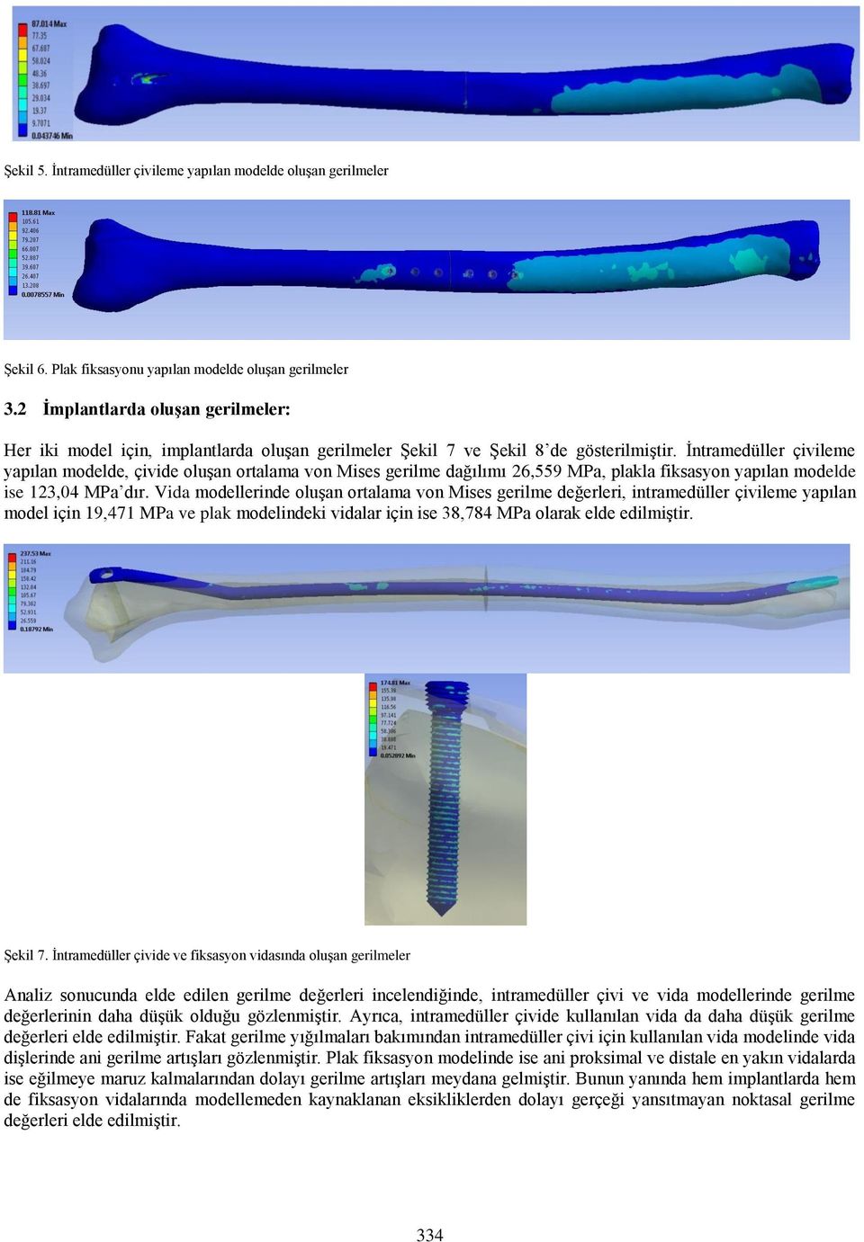 İntramedüller çivileme yapılan modelde, çivide oluşan ortalama von Mises gerilme dağılımı 26,559 MPa, plakla fiksasyon yapılan modelde ise 123,04 MPa dır.