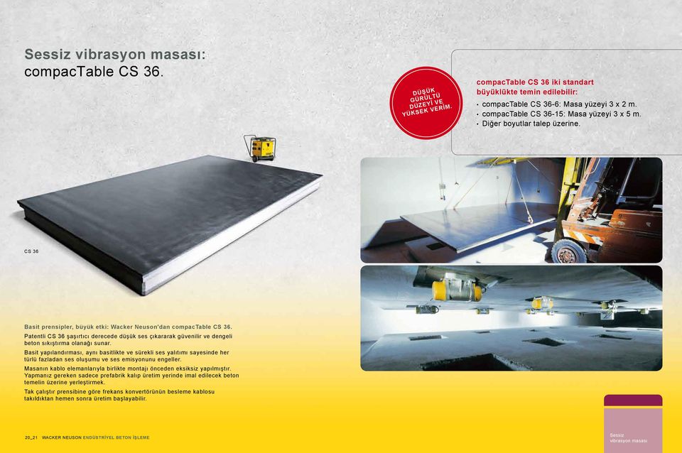 Patentli CS 36 şaşırtıcı derecede düşük ses çıkararak güvenilir ve dengeli beton sıkıştırma olanağı sunar.