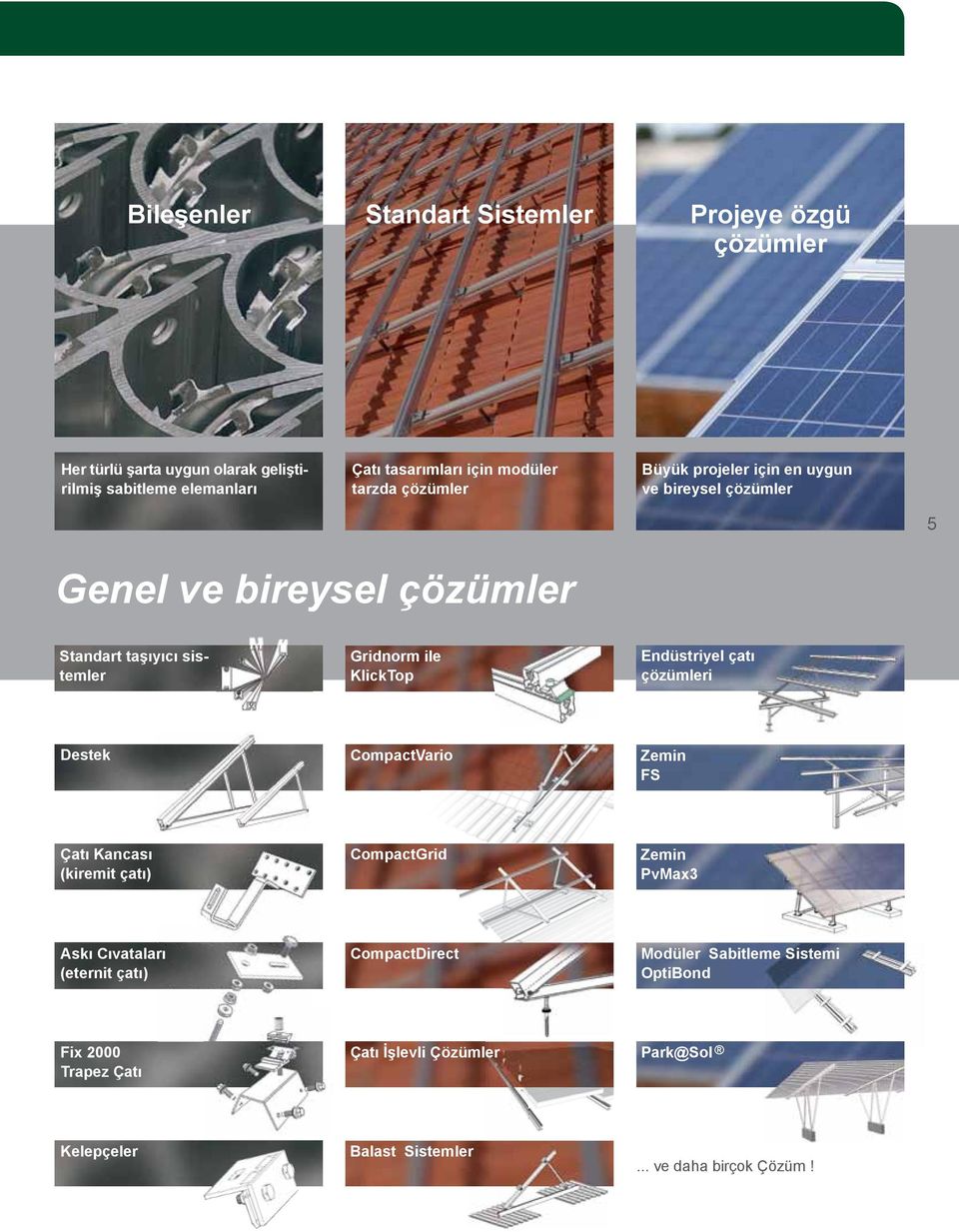 Endüstriyel çatı çözümleri Destek CompactVario Zemin FS Çatı Kancası (kiremit çatı) CompactGrid Zemin PvMax3 Askı Cıvataları (eternit çatı)