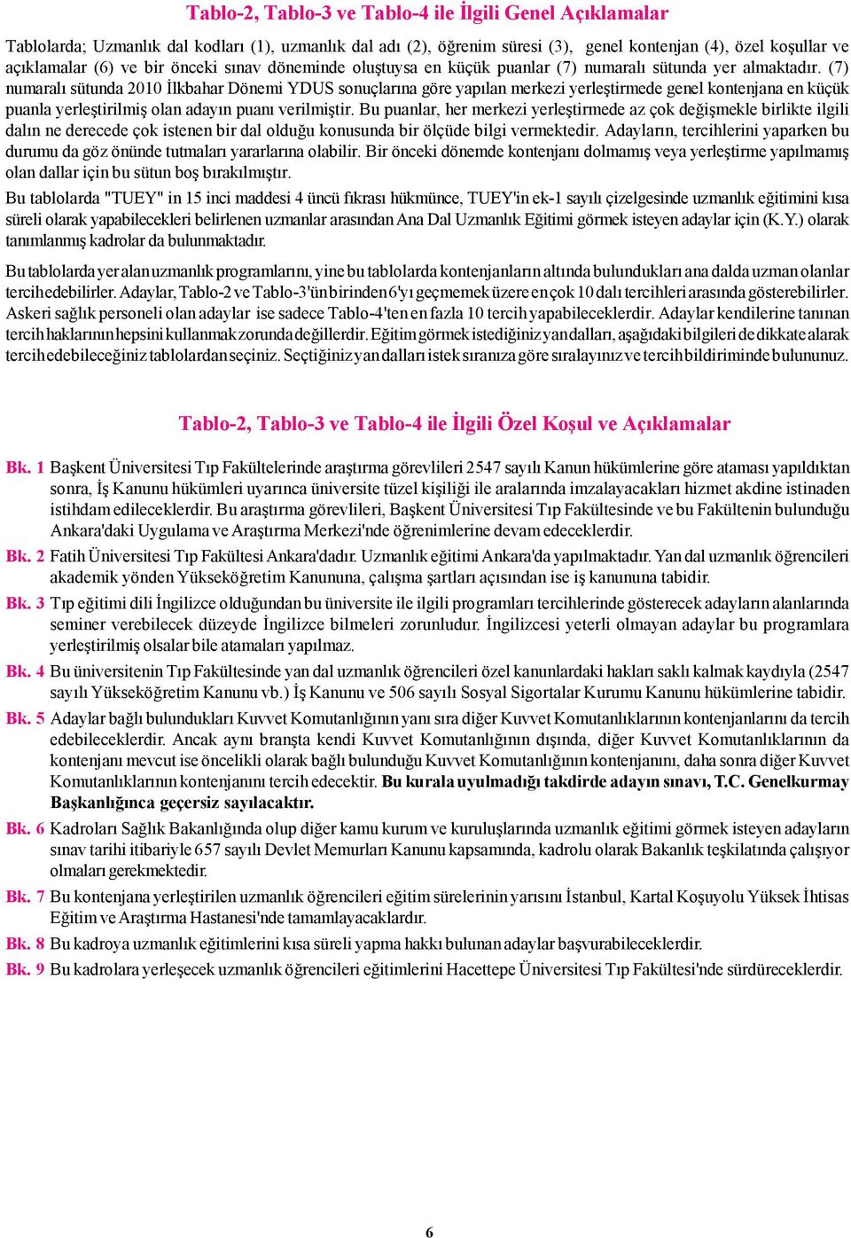 (7) numaralı sütunda 2010 YDUS sonuçlarına göre yapılan merkezi yerleştirmede genel kontenjana en küçük puanla yerleştirilmiş olan adayın puanı rilmiştir.