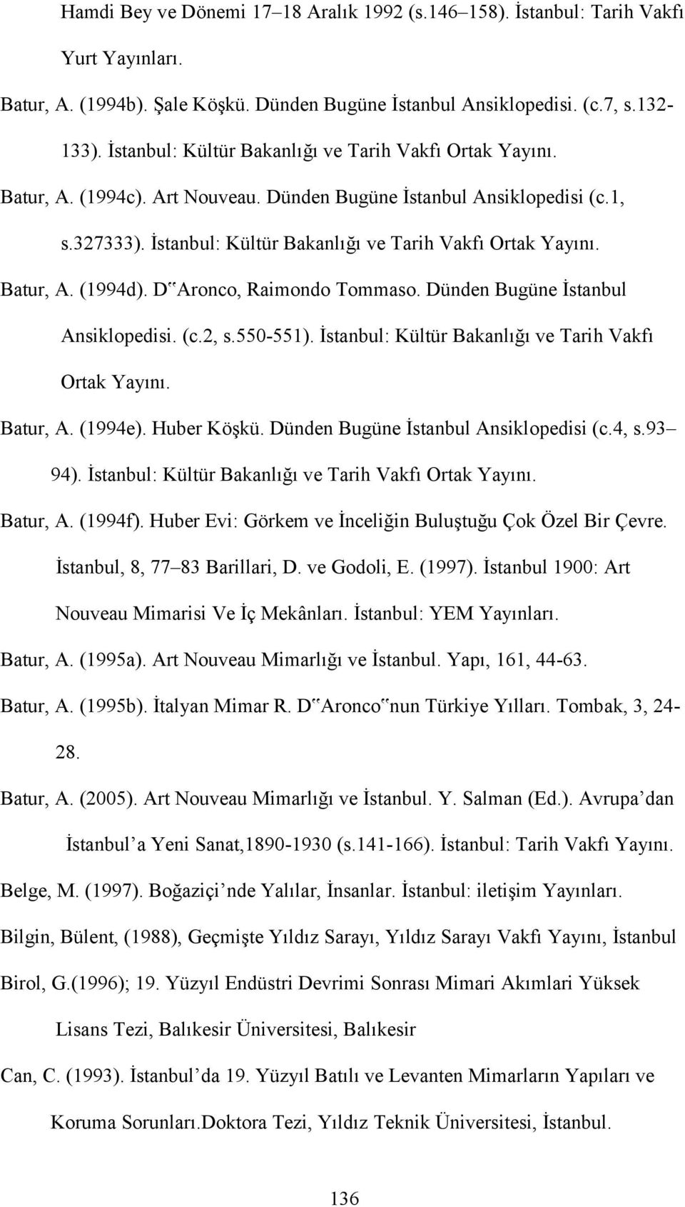 Batur, A. (1994d). D Aronco, Raimondo Tommaso. Dünden Bugüne İstanbul Ansiklopedisi. (c.2, s.550-551). İstanbul: Kültür Bakanlığı ve Tarih Vakfı Ortak Yayını. Batur, A. (1994e). Huber Köşkü.