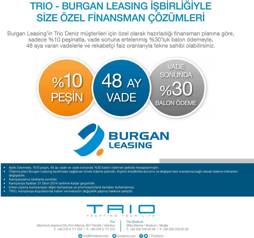 Aylık ödemeler, %10 peşin, 48 ay vade ve vade sonunda %30 balon ödemeli şekilde hesaplanmıştır. Ödeme planı Burgan Leasing tarafından sağlanan örnek ödeme planıdır.