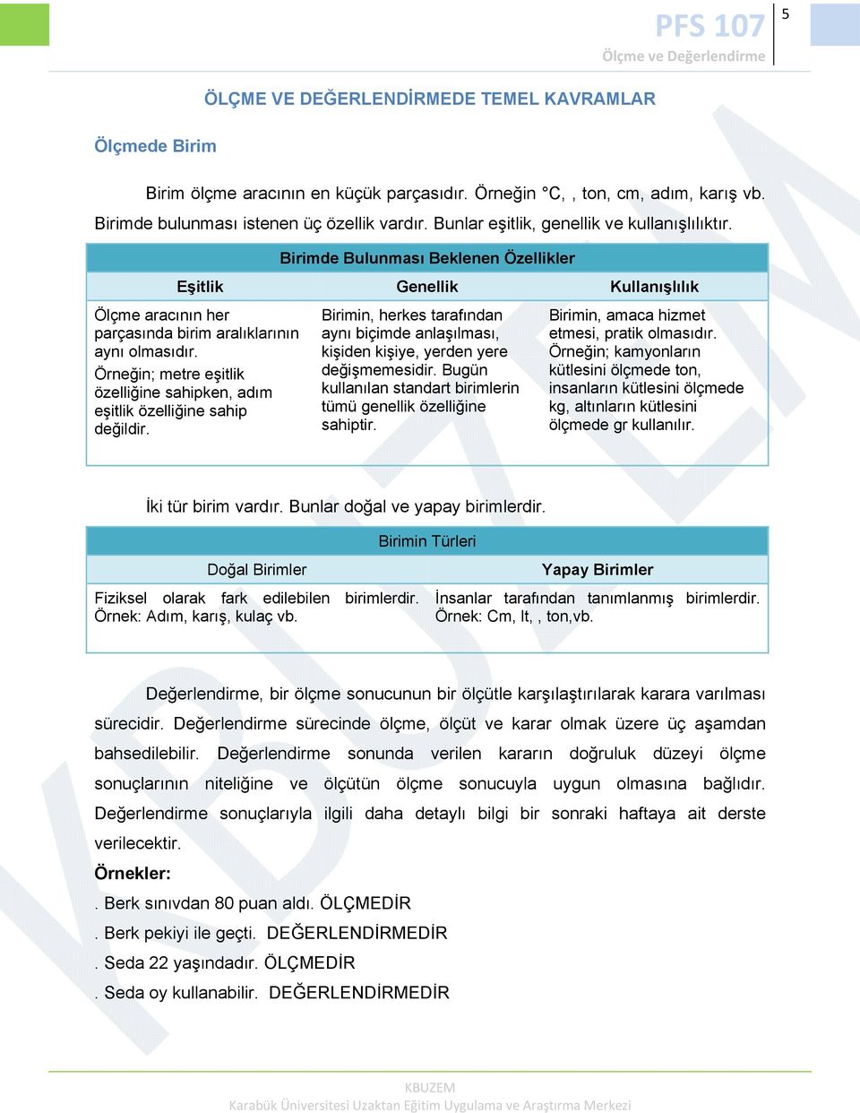 Örneğin; metre eşitlik özelliğine sahipken, adım eşitlik özelliğine sahip değildir. Birimin, herkes tarafından aynı biçimde anlaşılması, kişiden kişiye, yerden yere değişmemesidir.