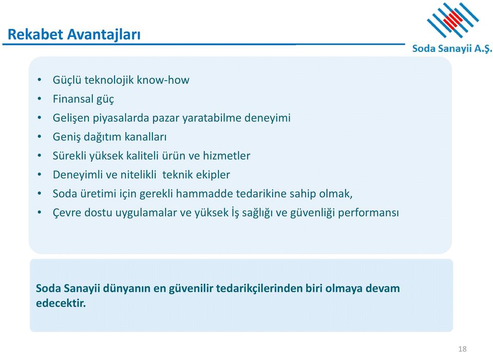 Soda üretimi için gerekli hammadde tedarikine sahip olmak, Çevre dostu uygulamalar ve yüksek İş sağlığı