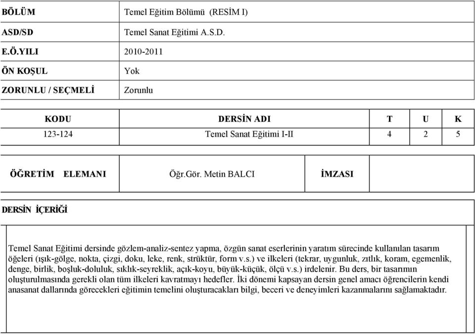 strüktür, form v.s.) ve ilkeleri (tekrar, uygunluk, zıtlık, koram, egemenlik, denge, birlik, boşluk-doluluk, sıklık-seyreklik, açık-koyu, büyük-küçük, ölçü v.s.) irdelenir.