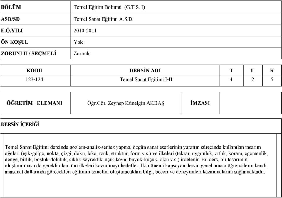 leke, renk, strüktür, form v.s.) ve ilkeleri (tekrar, uygunluk, zıtlık, koram, egemenlik, denge, birlik, boşluk-doluluk, sıklık-seyreklik, açık-koyu, büyük-küçük, ölçü v.s.) irdelenir.