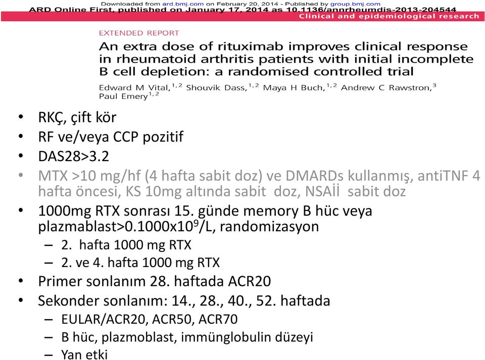 sabit doz 1000mg RTX sonrası 15. günde memory B hüc veya plazmablast>0.1000x10 9 /L, randomizasyon 2.