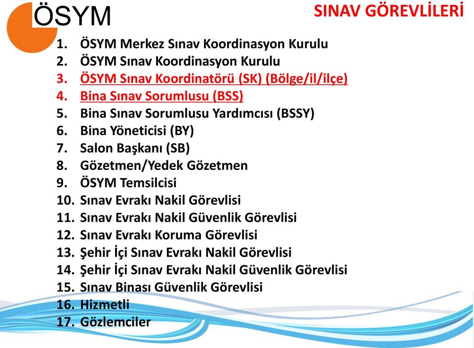 ÖSYM Temsilcisi 10. Sınav Evrakı Nakil Görevlisi 11. Sınav Evrakı Nakil Güvenlik Görevlisi 12. Sınav Evrakı Koruma Görevlisi 13.