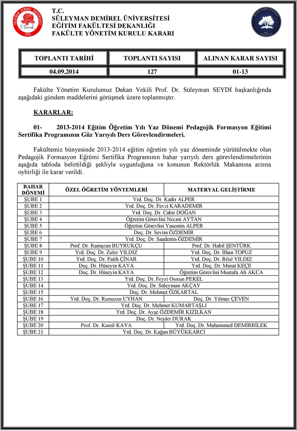 KARARLAR: 01-2013-2014 Eğitim Öğretim Yılı Yaz Dönemi Pedagojik Formasyon Eğitimi Sertifika Programının Güz Yarıyılı Ders Görevlendirmeleri.