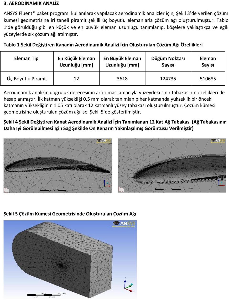 Tablo 1 Şekil Değiştiren Kanadın Aerodinamik Analizi İçin Oluşturulan Çözüm Ağı Özellikleri Eleman Tipi En Küçük Eleman Uzunluğu *mm+ En Büyük Eleman Uzunluğu *mm+ Düğüm Noktası Sayısı Eleman Sayısı