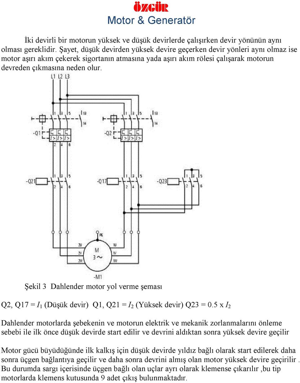 Şekil 3 Dahlender motor yol verme şeması Q2, Q17 = I 1 (Düşük devir) Q1, Q21 = I 2 (Yüksek devir) Q23 = 0.