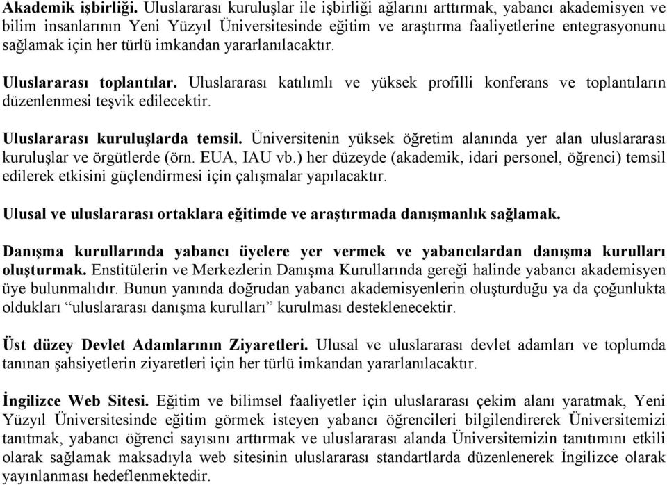 türlü imkandan yararlanılacaktır. Uluslararası toplantılar. Uluslararası katılımlı ve yüksek profilli konferans ve toplantıların düzenlenmesi teşvik edilecektir. Uluslararası kuruluşlarda temsil.