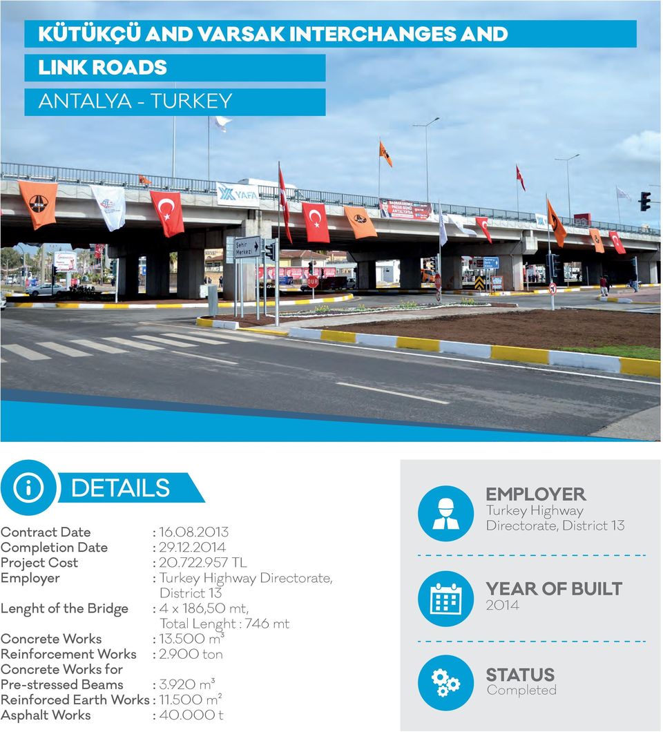957 TL Employer : Turkey Highway Directorate, District 13 Lenght of the Bridge : 4 x 186,50 mt, Total Lenght : 746 mt Concrete