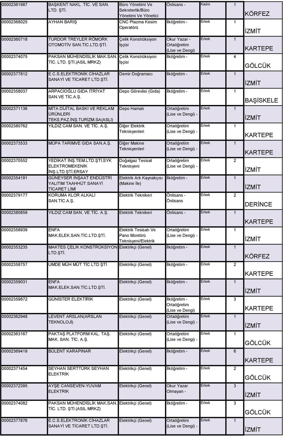 SAN. TİC. LTD. (ASIL MRKZ) 00002377812 E.C.S.ELEKTRONİK CİHAZLAR SANAYİ VE TİCARET LTD. 00002358037 ARPACIOĞLU GIDA ITRİYAT SAN.VE TİC.A.Ş.