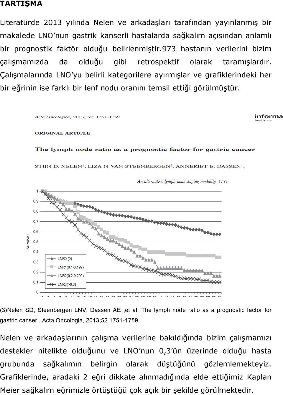 Çalışmalarında LNO yu belirli kategorilere ayırmışlar ve grafiklerindeki her bir eğrinin ise farklı bir lenf nodu oranını temsil ettiği görülmüştür. (3)Nelen SD, Steenbergen LNV, Dassen AE,et al.