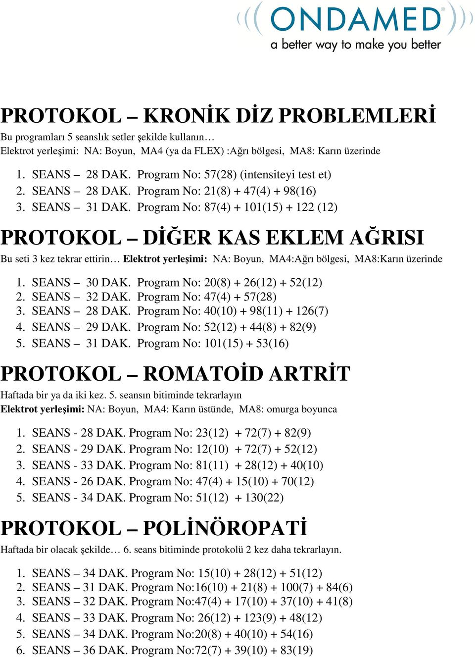 Program No: 87(4) + 101(15) + 122 (12) PROTOKOL DİĞER KAS EKLEM AĞRISI Bu seti 3 kez tekrar ettirin Elektrot yerleşimi: NA: Boyun, MA4:Ağrı bölgesi, MA8:Karın üzerinde 1. SEANS 30 DAK.