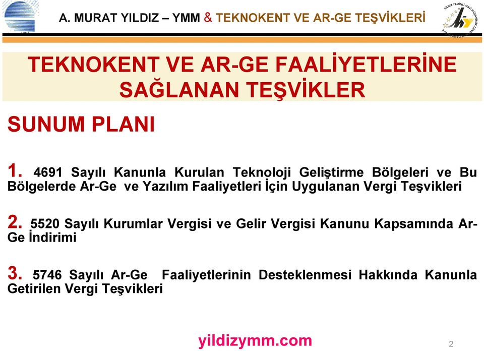 Faaliyetleri İçin Uygulanan Vergi Teşvikleri 2.