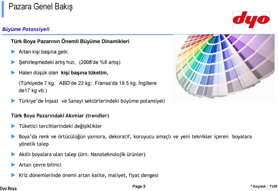 ) Türkiye de İnşaat ve Sanayi sektörlerindeki büyüme potansiyeli Türk Boya Pazarındaki Akımlar (trendler) Tüketici tercihlerindeki değişiklikler Boya da renk ve