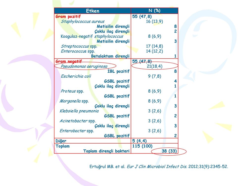 Çoklu ilaç dirençli Klebsiella pneumonia GSBL pozitif Acinetobacter spp. Çoklu ilaç dirençli Enterobacter spp.