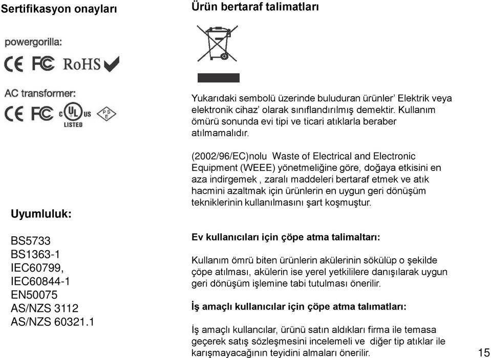 1 (2002/96/EC)nolu Waste of Electrical and Electronic Equipment (WEEE) yönetmeliğine göre, doğaya etkisini en aza indirgemek, zaralı maddeleri bertaraf etmek ve atık hacmini azaltmak için ürünlerin