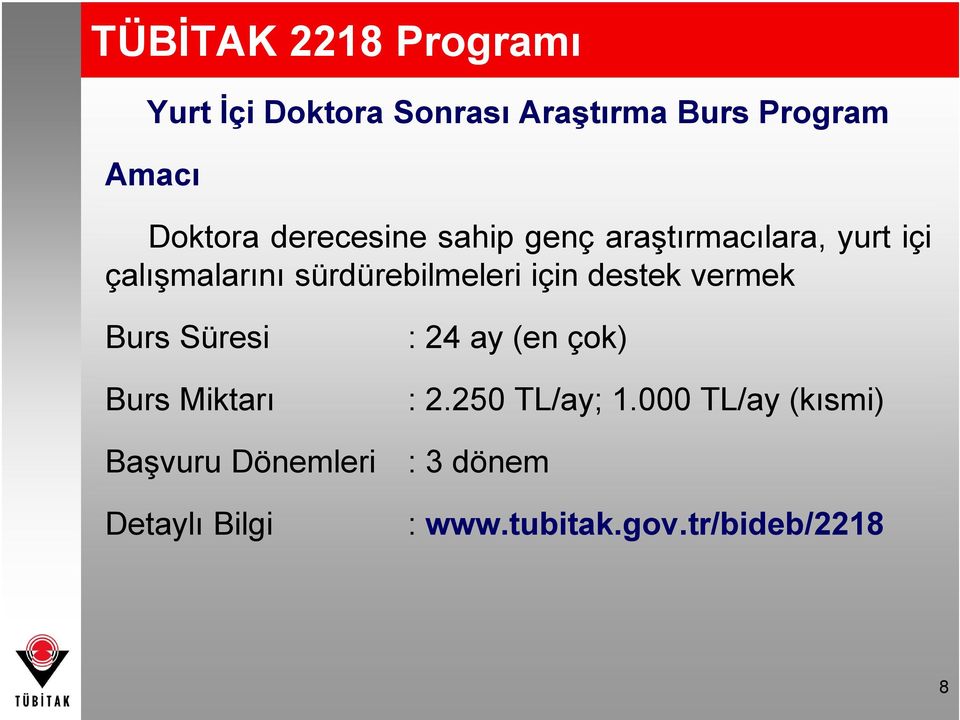 destek vermek Burs Süresi Burs Miktarı Başvuru Dönemleri Detaylı Bilgi : 24 ay (en