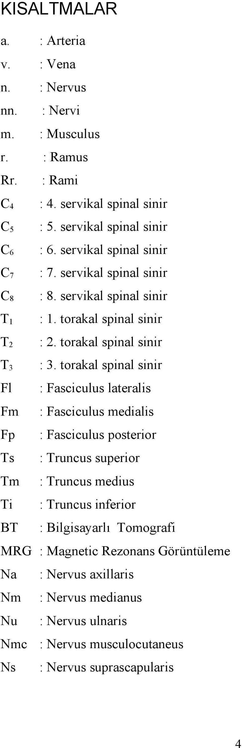 torakal spinal sinir Fl : Fasciculus lateralis Fm : Fasciculus medialis Fp : Fasciculus posterior Ts : Truncus superior Tm : Truncus medius Ti : Truncus inferior BT