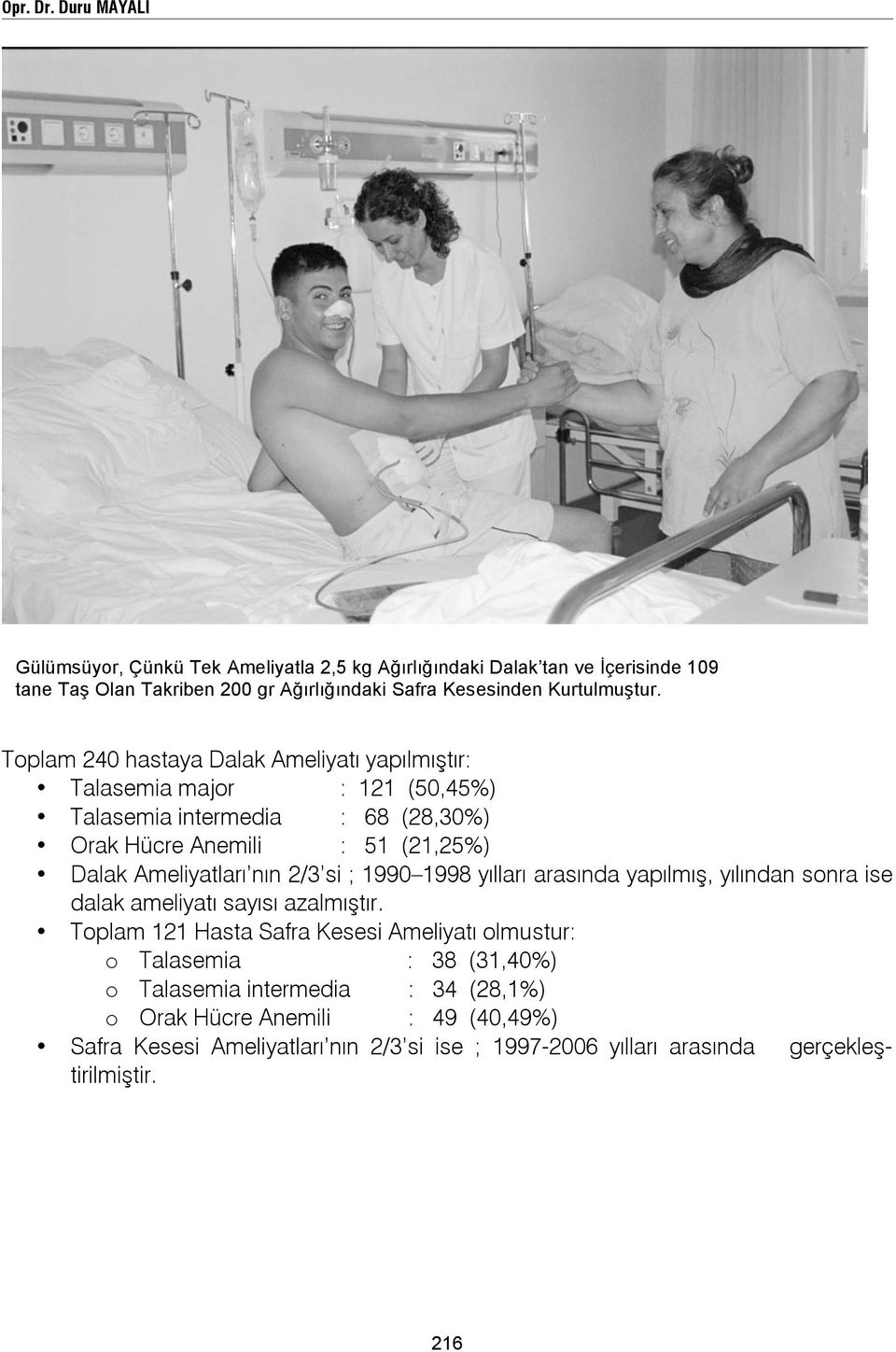 Toplam 240 hastaya Dalak Ameliyatı yapılmıştır: Talasemia major : 121 (50,45%) Talasemia intermedia : 68 (28,30%) Orak Hücre Anemili : 51 (21,25%) Dalak Ameliyatları nın