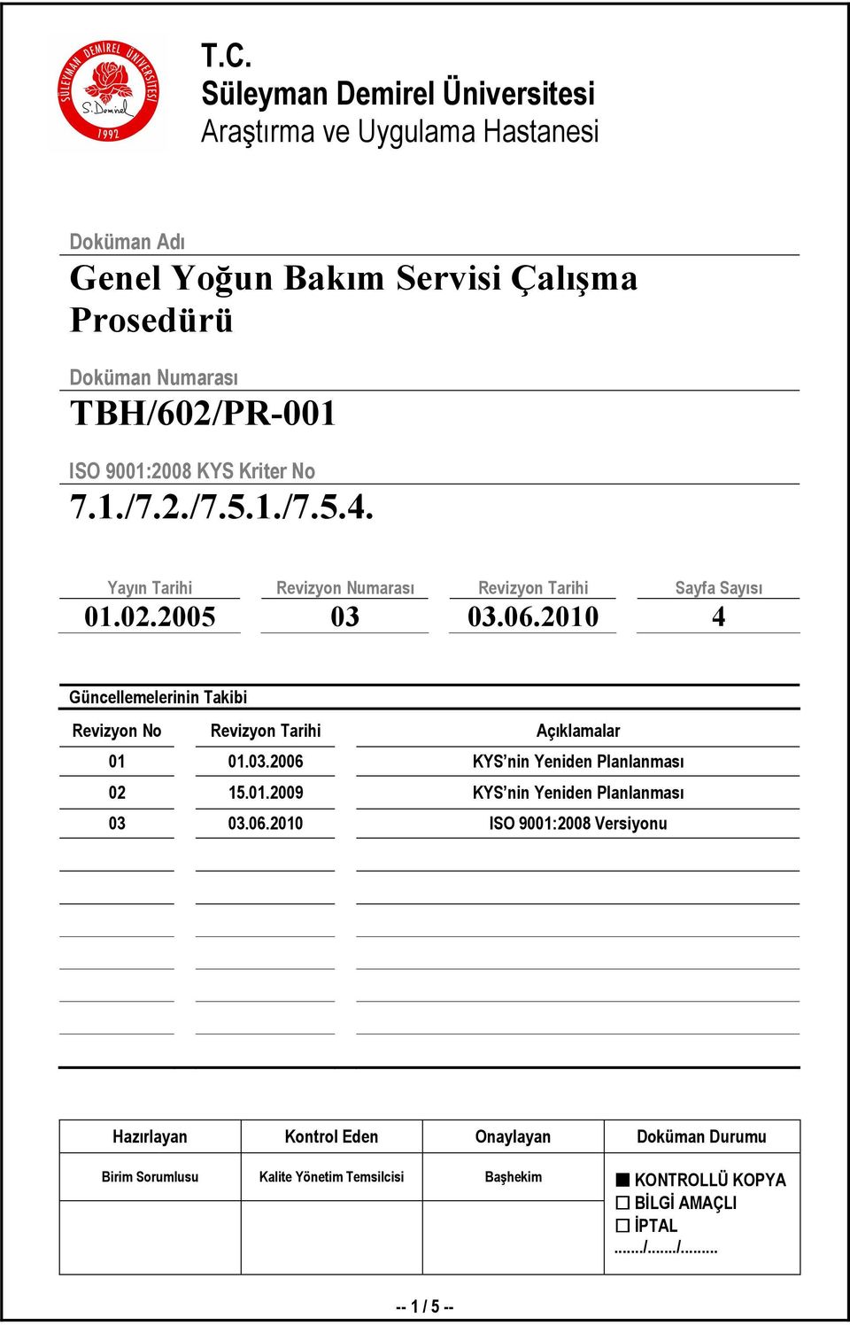 2010 4 Güncellemelerinin Takibi Revizyon No Revizyon Tarihi Açıklamalar 01 01.03.2006 KYS nin Yeniden Planlanması 02 15.01.2009 KYS nin Yeniden Planlanması 03 03.