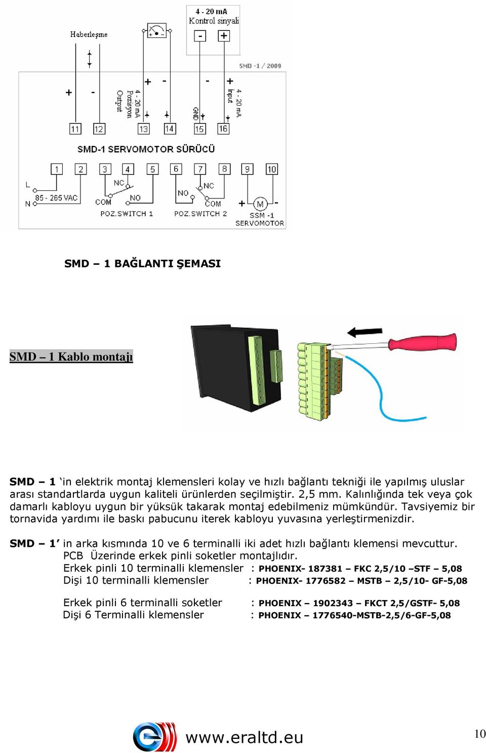 SMD 1 in arka kısmında 10 ve 6 terminalli iki adet hızlı bağlantı klemensi mevcuttur. PCB Üzerinde erkek pinli soketler montajlıdır.