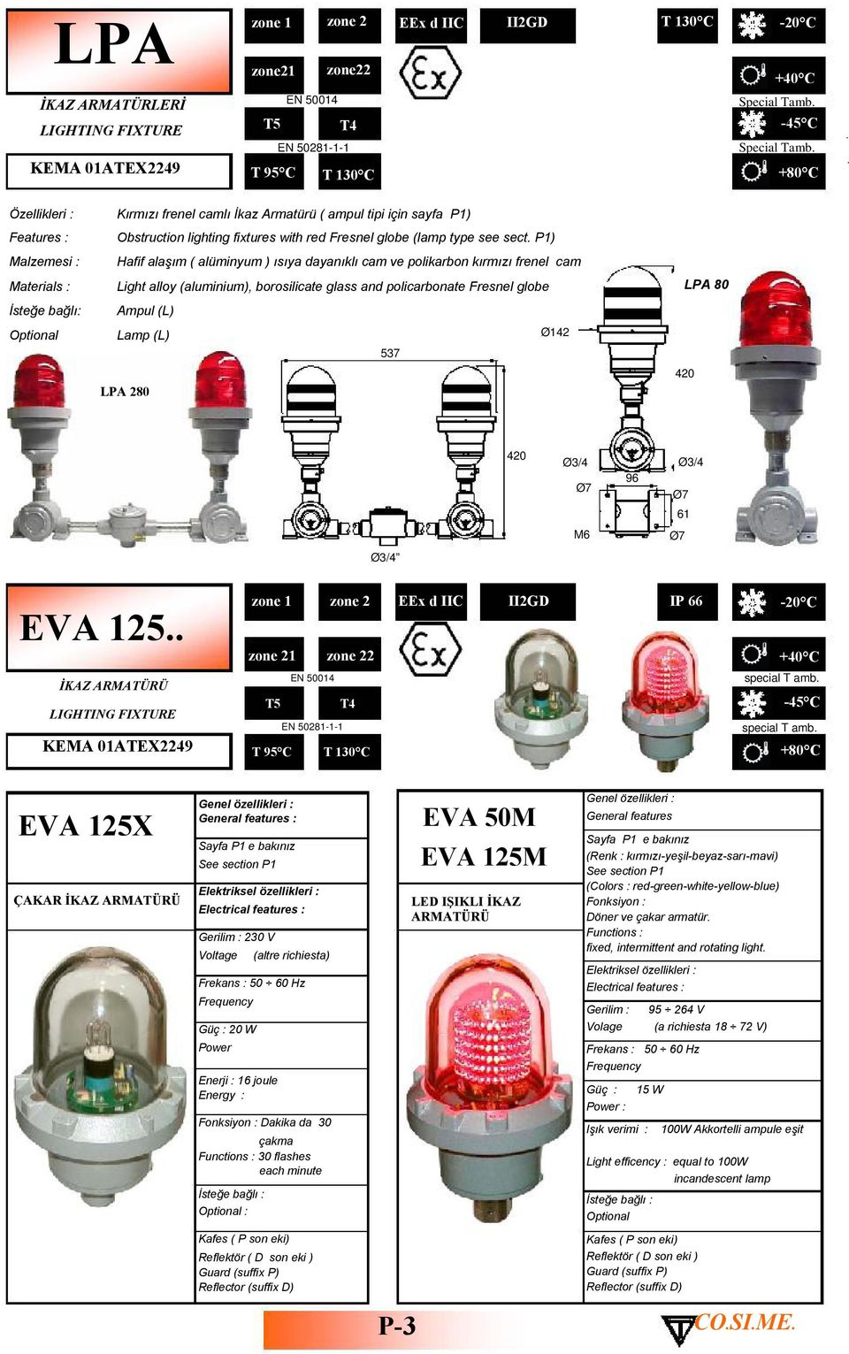 policarbonate Fresnel globe mpul (L) Lamp (L) Ø142 537 LP 280 LP 80 420 420 EV 125 İKZ RMTÜRÜ LIGHTING FIXTURE KEM 01TEX2249 zone 1 zone 2 EEx d IIC T 95 C T 130 C D IP 66 20 C 45 C EV 125X ÇKR İKZ