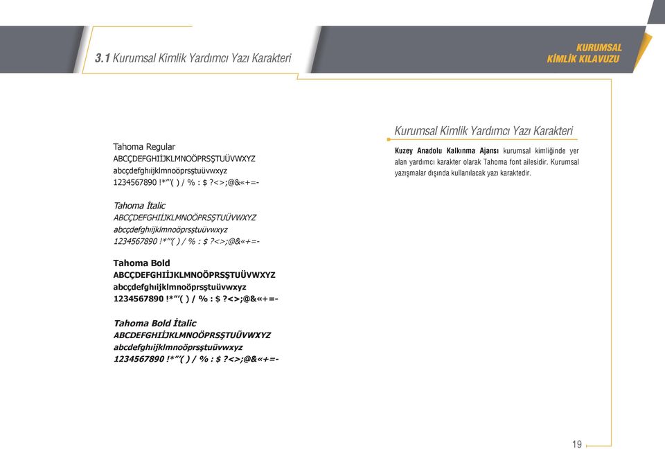 Kurumsal yazışmalar dışında kullanılacak yazı karaktedir. Tahoma İtalic ABCÇDEFGHIİJKLMNOÖPRSŞTUÜVWXYZ abcçdefghıijklmnoöprsştuüvwxyz 1234567890!* ( ) / % : $?
