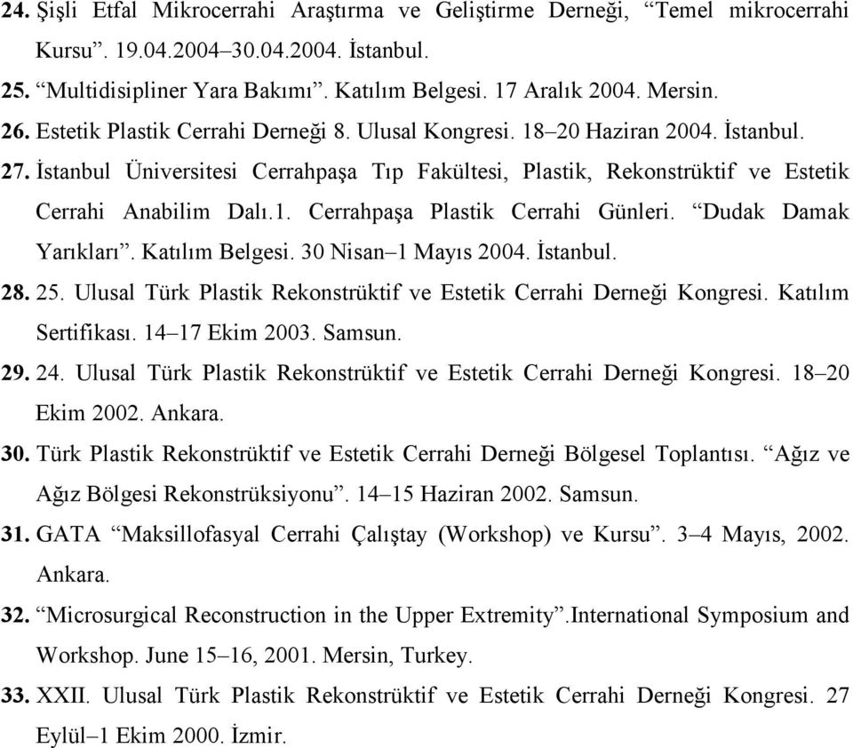 Dudak Damak Yarıkları. Katılım Belgesi. 30 Nisan 1 Mayıs 2004. Đstanbul. 28. 25. Ulusal Türk Plastik Rekonstrüktif ve Estetik Cerrahi Derneği Kongresi. Katılım Sertifikası. 14 17 Ekim 2003. Samsun.